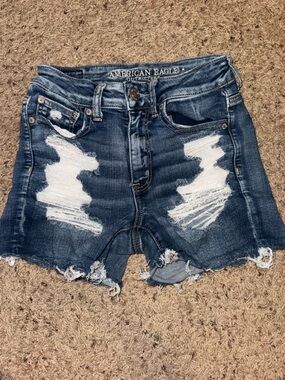 American Eagle Blue Distressed High Rise Shortie Denim Shorts Size 2